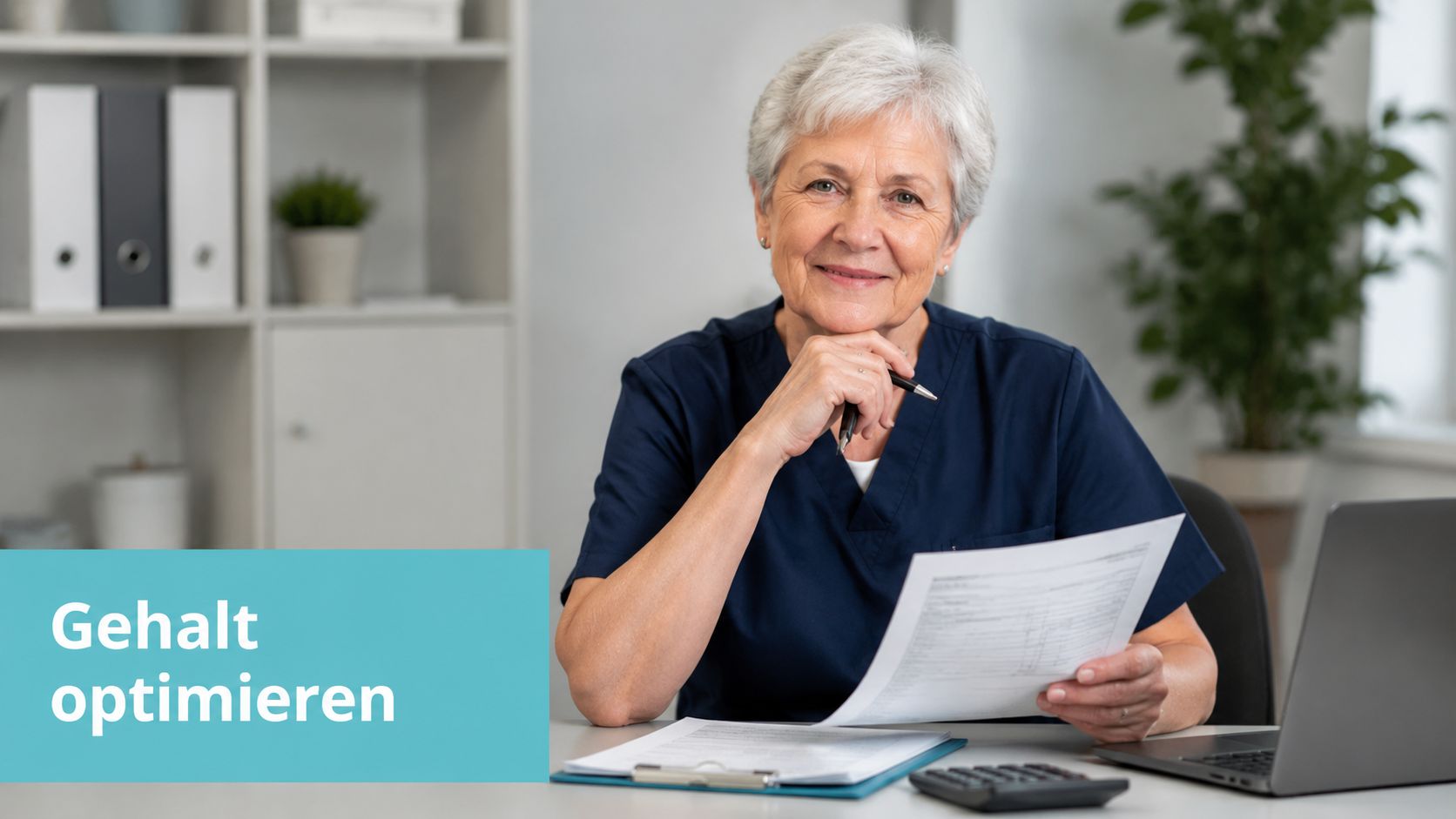 Eine ältere Pflegerin sitzt am Schreibtisch mit Unterlagen und Taschenrechner für die Gehaltsoptimierung in der Zeitarbeit.