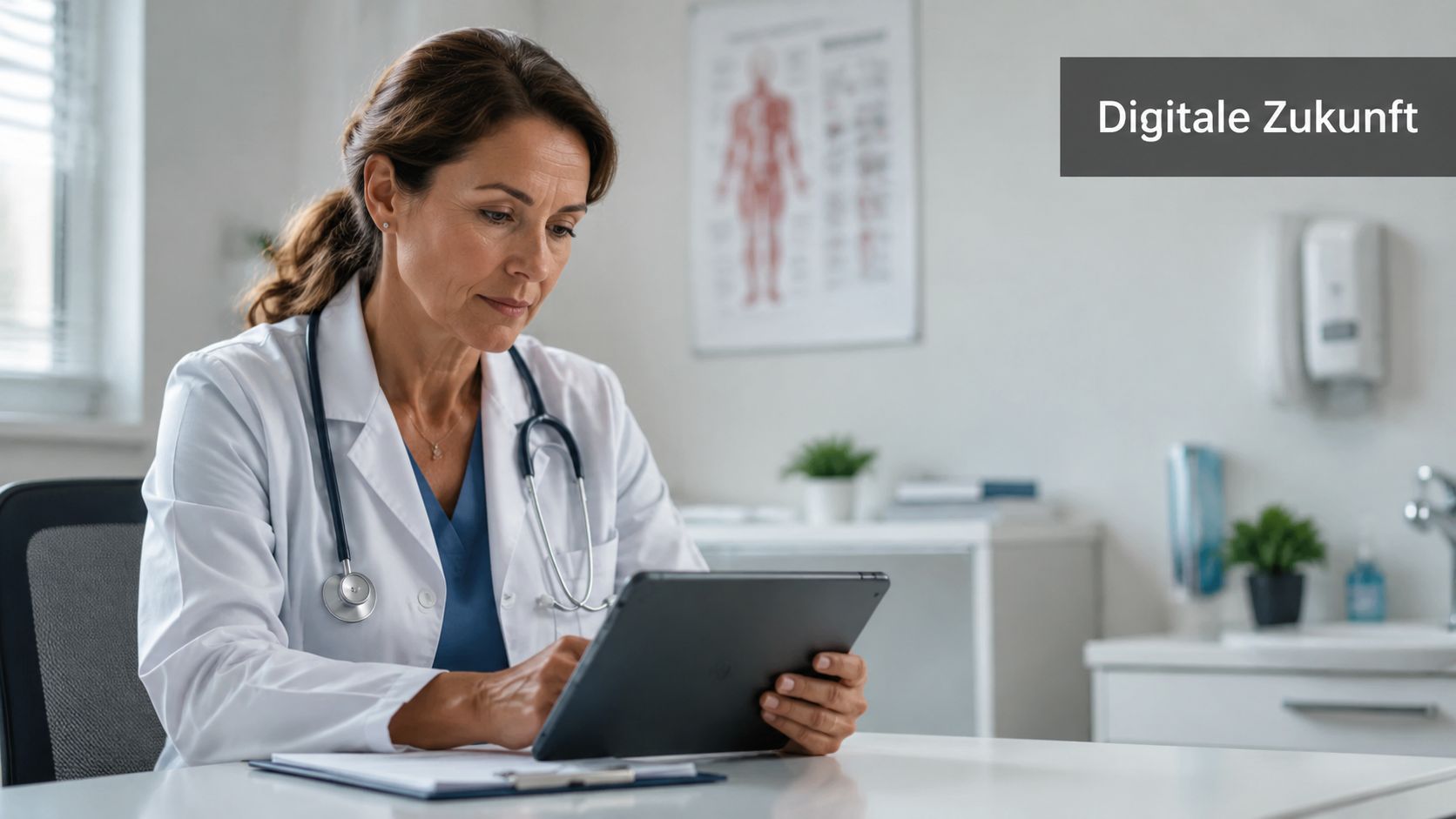 Eine Ärztin in einem medizinischen Behandlungsraum betrachtet konzentriert eine digitale Patientenakte auf ihrem Tablet-Computer.