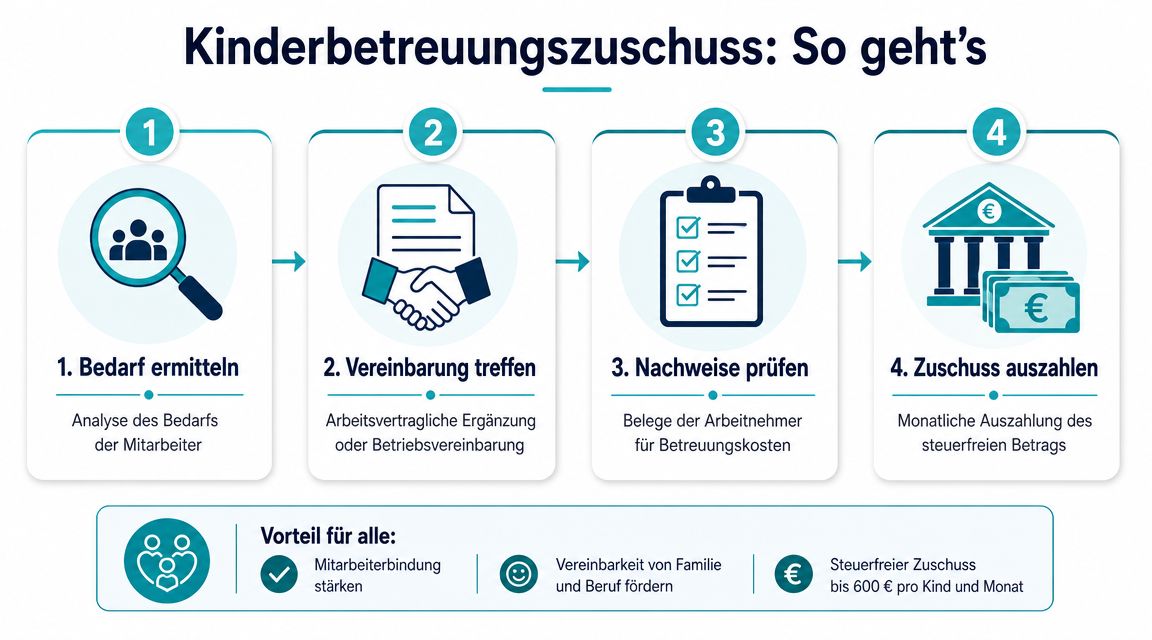 Eine Infografik zeigt die vier Schritte zur Einführung eines steuerfreien Kinderbetreuungszuschusses durch den Arbeitgeber.