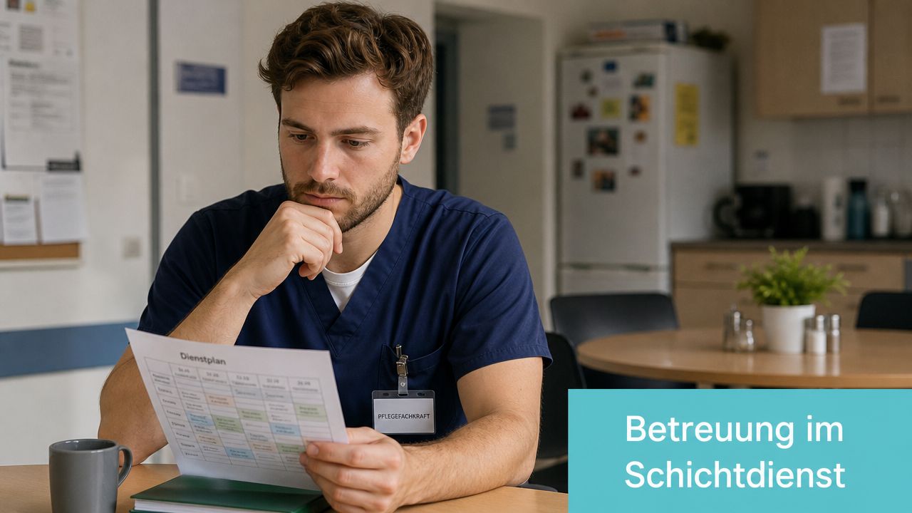 Ein Pfleger sitzt nachdenklich an einem Tisch und prüft einen Dienstplan in einem Krankenhaus oder einer Einrichtung.