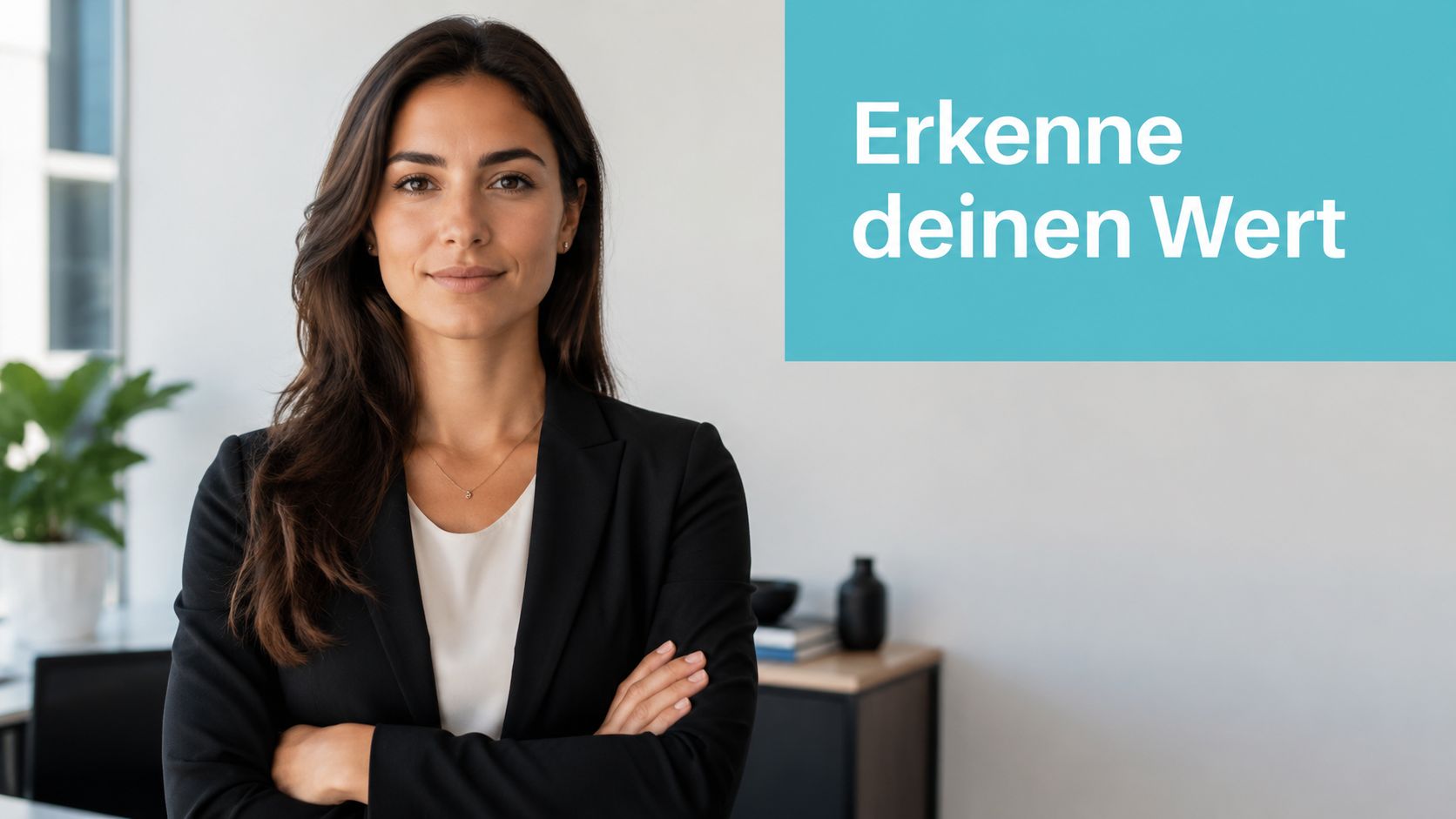 Eine professionelle Geschäftsfrau mit verschränkten Armen vor einer weißen Wand mit dem Text Erkenne deinen Wert.