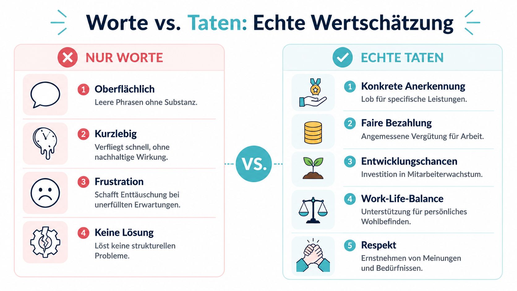 Eine Infografik stellt Worte und Taten als Formen der Wertschätzung in einem Arbeitsumfeld gegenüber.