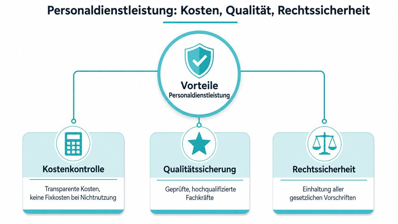 Eine Übersicht der Vorteile von Personaldienstleistungen: Kostenkontrolle, Qualitätssicherung und Rechtssicherheit für Unternehmen bei der Personalbeschaffung.