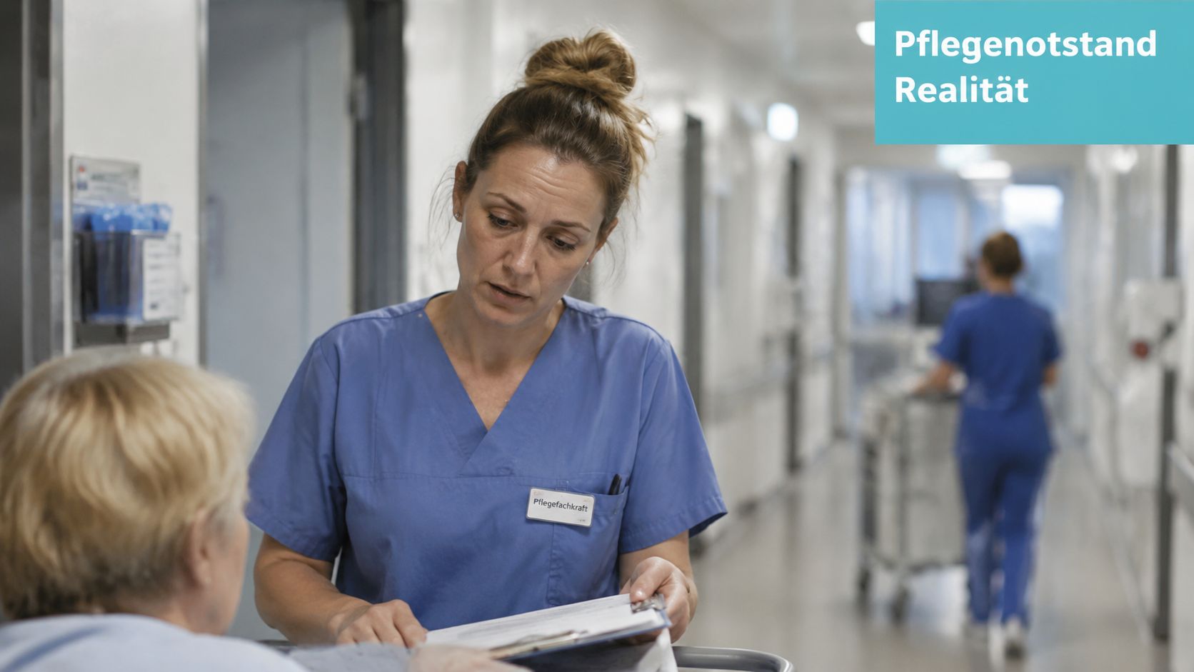Eine Pflegekraft bespricht Unterlagen mit einer Patientin in einem Krankenhausflur während des laufenden Klinikbetriebs.