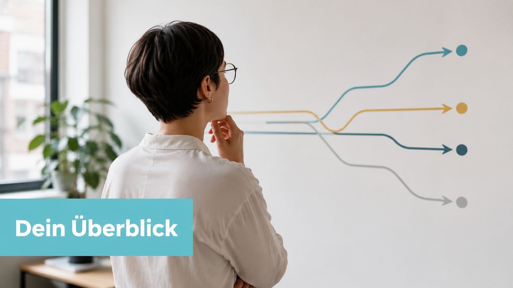Eine Frau mit kurzen dunklen Haaren betrachtet ein Whiteboard mit einer kreativen grafischen Darstellung von Entscheidungs- oder Entwicklungswegen.