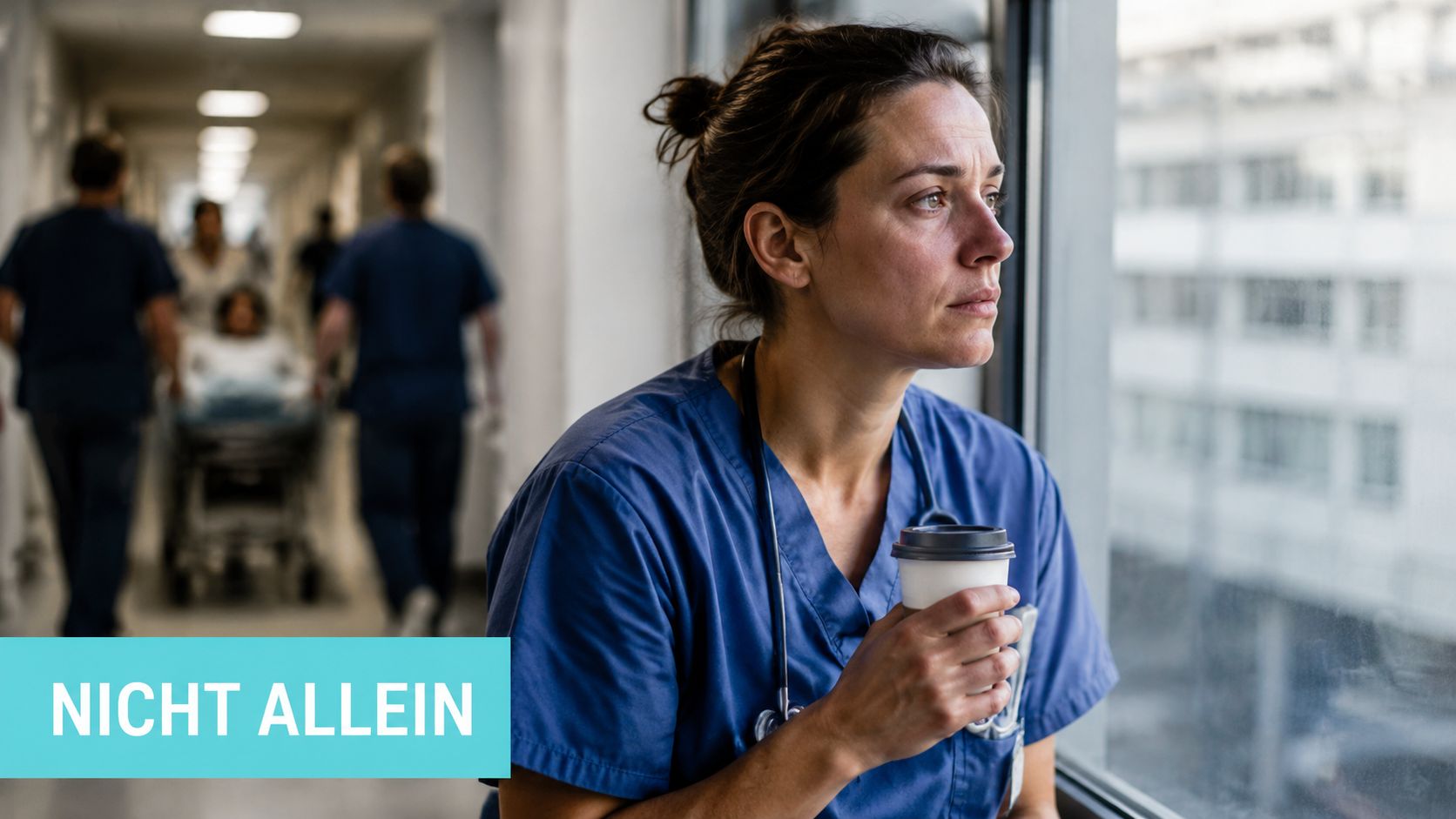 Eine erschöpfte Krankenschwester schaut nachdenklich aus einem Krankenhausfenster, während im Hintergrund medizinisches Personal eilig durch den Flur läuft.