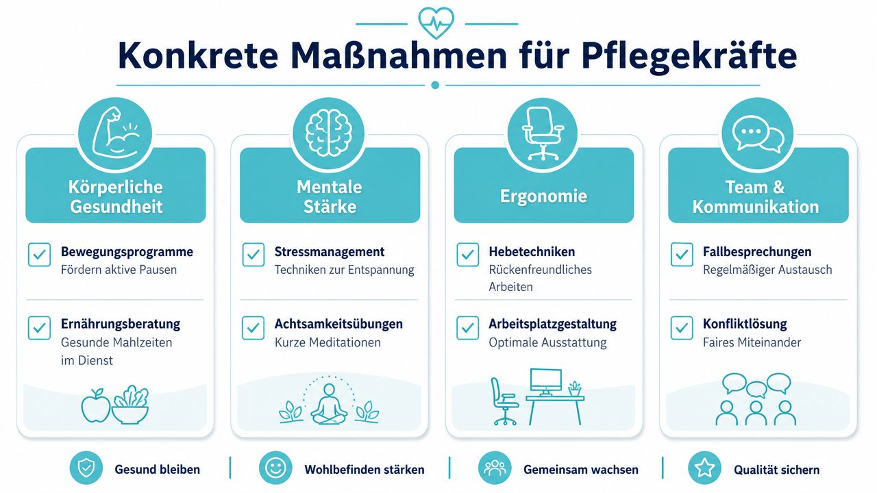 Übersicht zu konkreten Maßnahmen zur Gesundheitsförderung von Pflegekräften in den Bereichen Körper, Geist, Ergonomie und Teamarbeit.