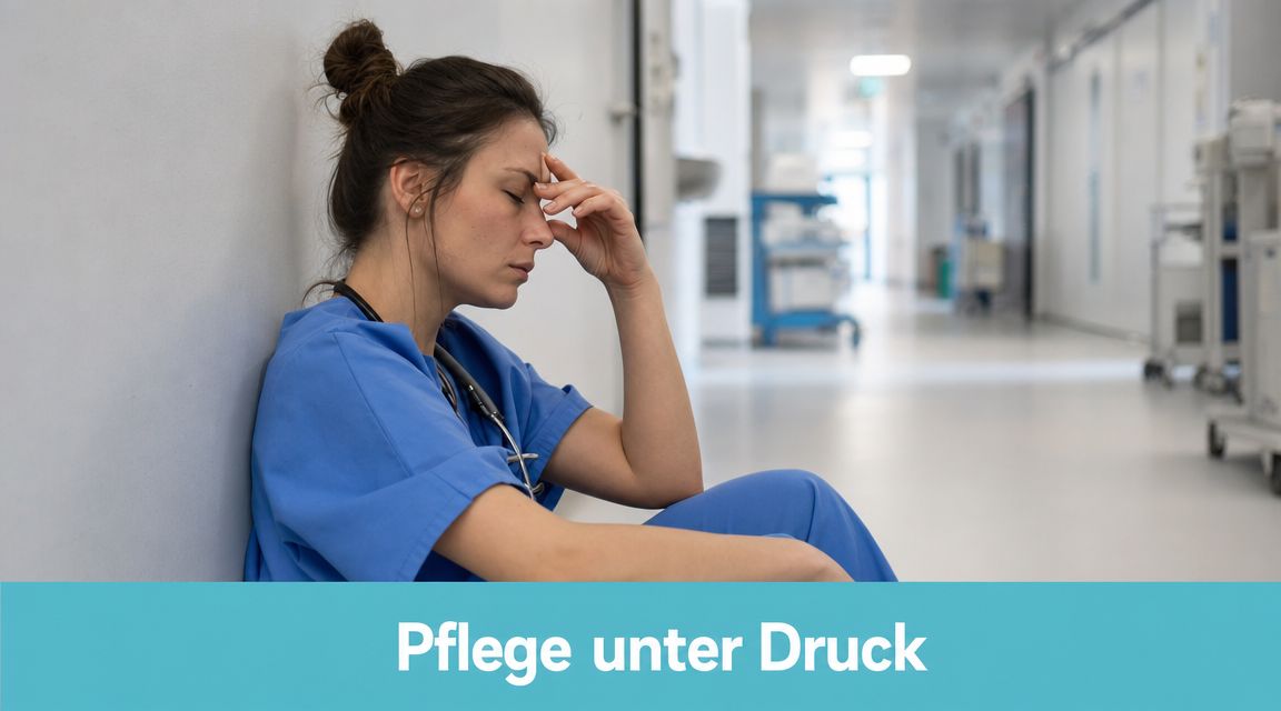 Eine erschöpfte Krankenschwester sitzt in einem Krankenhausflur auf dem Boden und hält sich gestresst den Kopf.