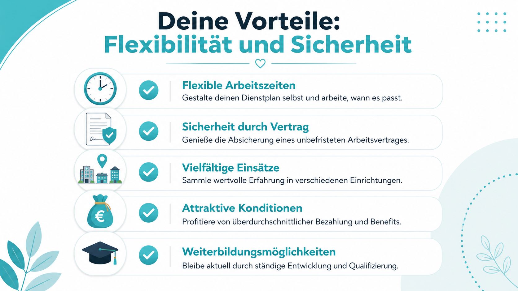Grafik zur Vorstellung der Vorteile wie Flexibilität und Sicherheit für Fachkräfte im Gesundheitswesen bei der Arbeit.