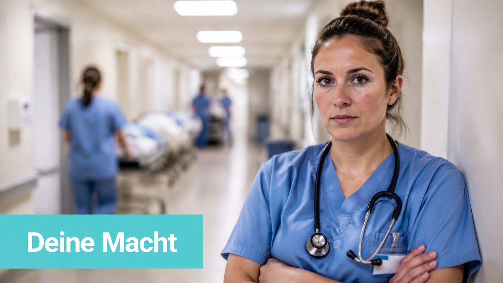 Eine Krankenschwester blickt mit verschränkten Armen ernst in die Kamera, im Hintergrund ein belebter Krankenhausflur.