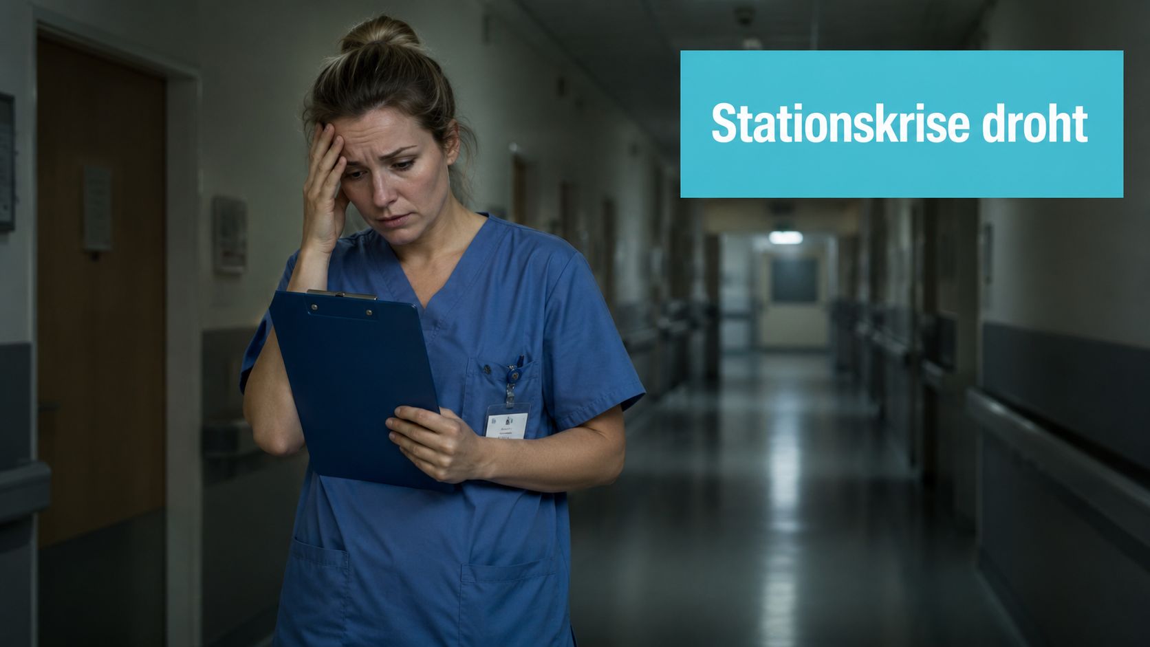 Eine erschöpfte Krankenschwester steht mit einem Klemmbrett auf einem dunklen Krankenhausflur und wirkt überfordert und gestresst.