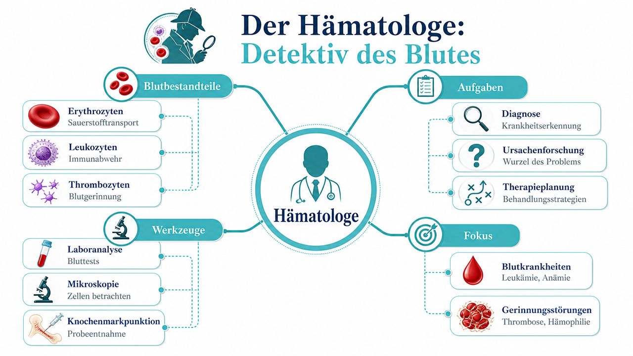 Eine Infografik, die die Rolle des Hämatologen als Detektiv des Blutes mit seinen verschiedenen Aufgabengebieten darstellt.