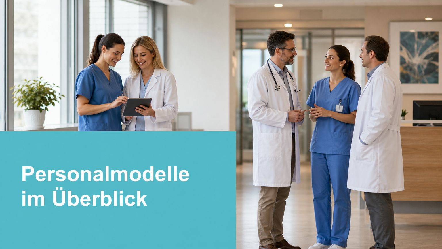 Ein ärztliches Team bespricht gemeinsam verschiedene Arbeitsmodelle im Krankenhausflur für die effiziente Personalplanung im medizinischen Bereich.