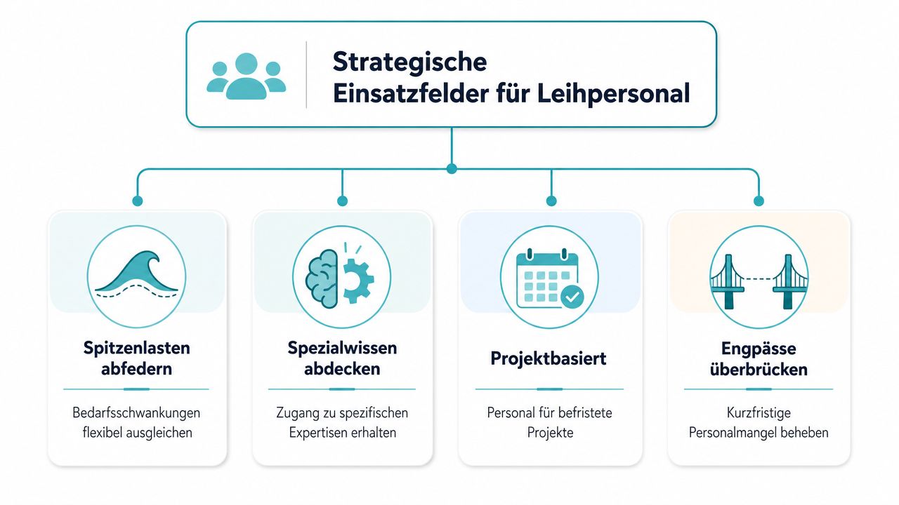 Eine Übersicht über die strategischen Einsatzfelder von Leihpersonal zur Abdeckung von Bedarfsspitzen, Fachwissen und temporären Projekten.