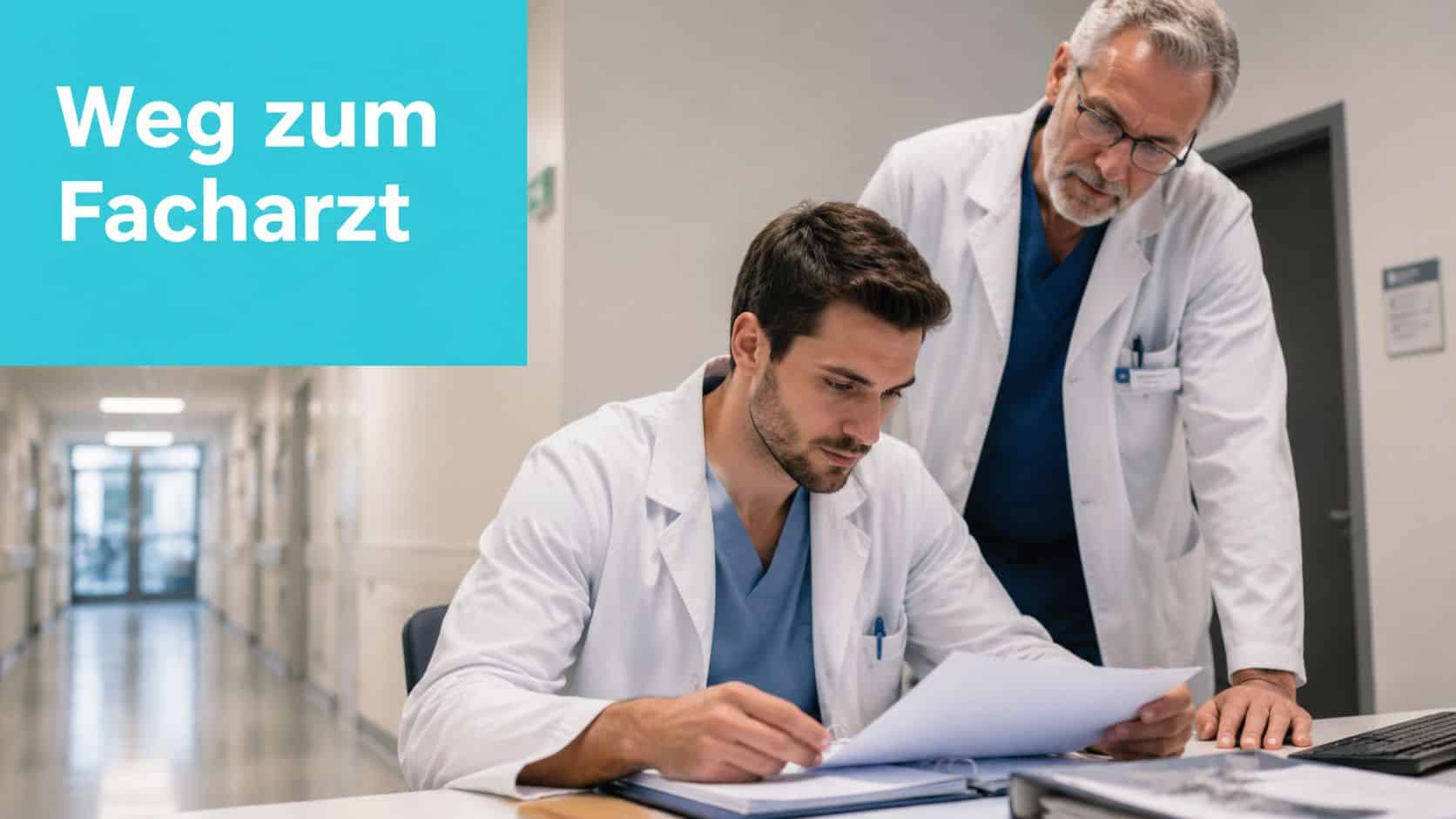 Ein erfahrener Arzt und ein jüngerer Mediziner arbeiten gemeinsam an medizinischen Unterlagen in einem hellen Krankenhausflur.