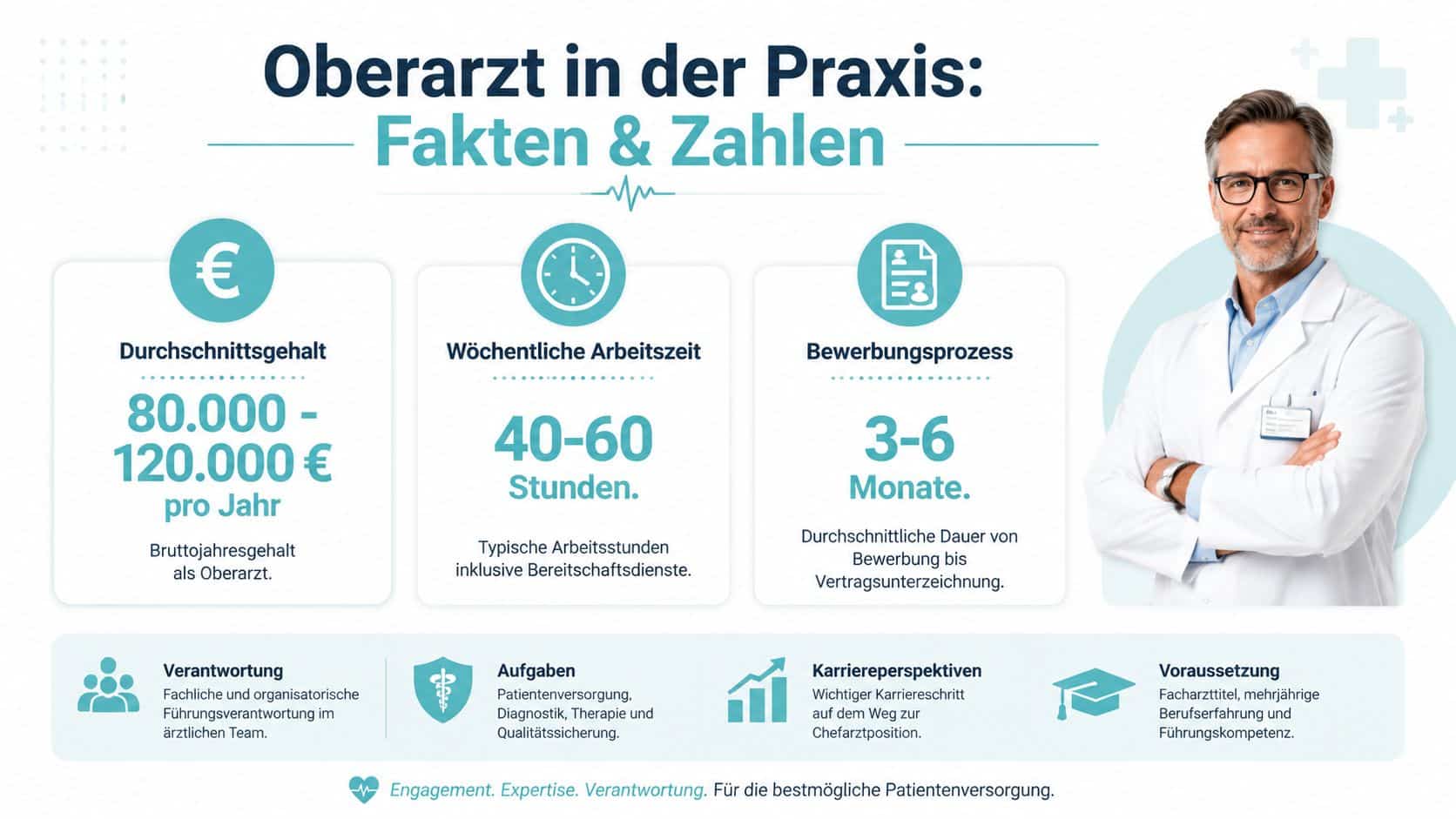 Eine Infografik mit Gehalt, Arbeitszeit und Voraussetzungen für die Karriere als Oberarzt in einer Klinik.