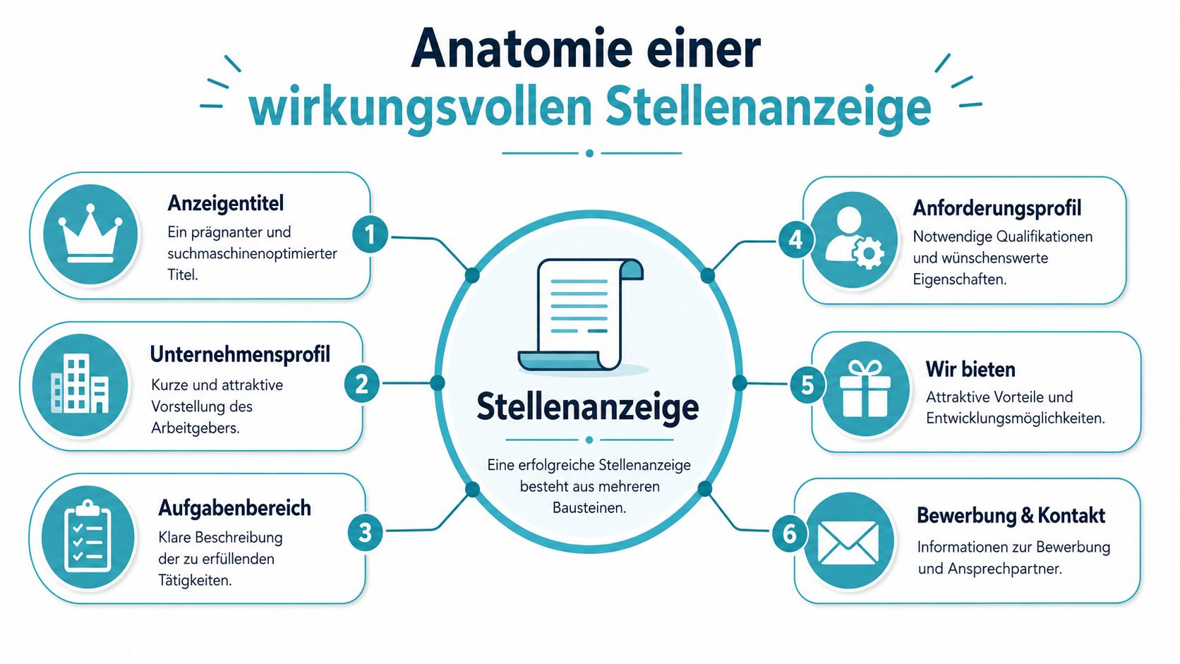 Eine Infografik zur Anatomie einer wirkungsvollen Stellenanzeige mit sechs wesentlichen Elementen für erfolgreiche Recruiting-Kampagnen.