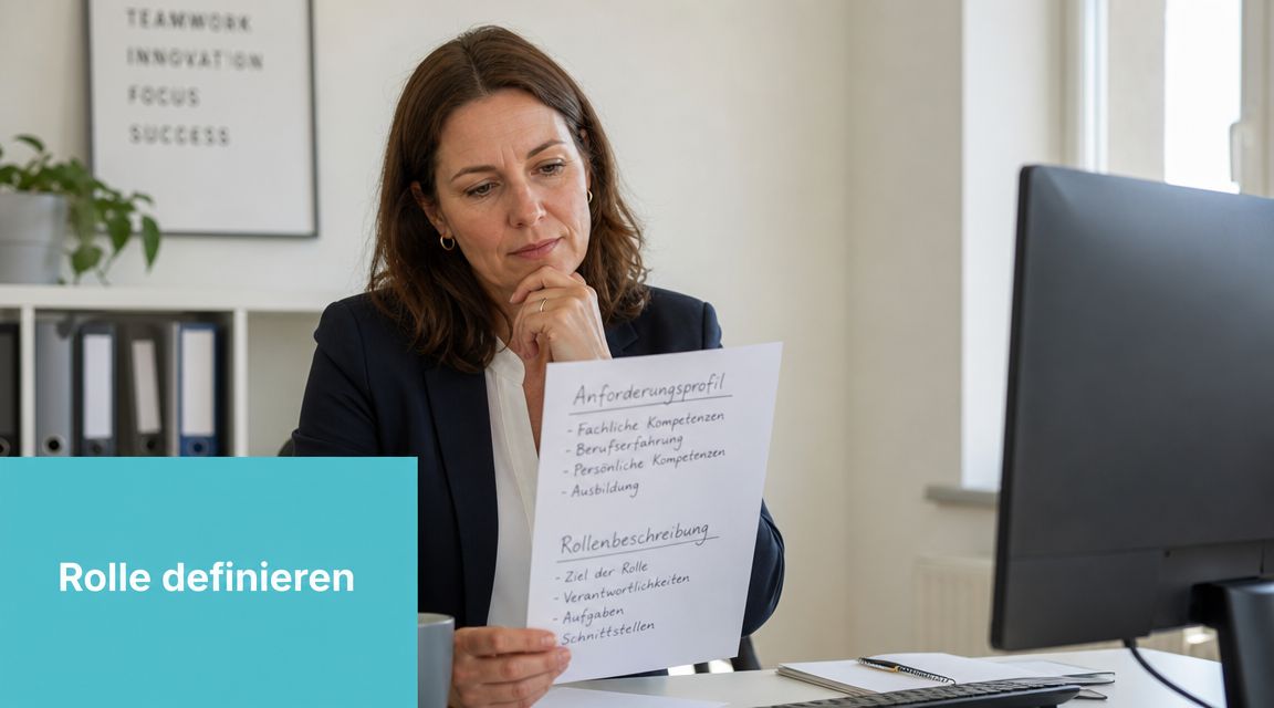 Eine Frau in einem Büro hält ein Blatt Papier mit Anforderungen und Rollenbeschreibungen für eine Stelle.