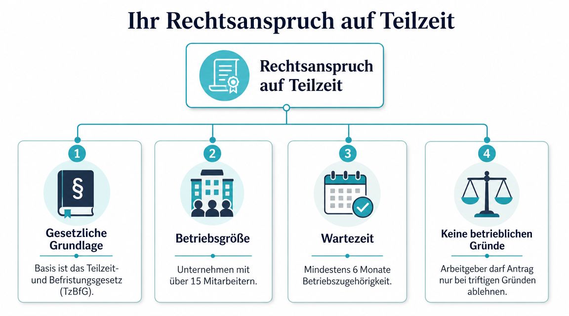 Eine Infografik erklärt die vier Voraussetzungen für den gesetzlichen Rechtsanspruch auf Teilzeit in Deutschland.