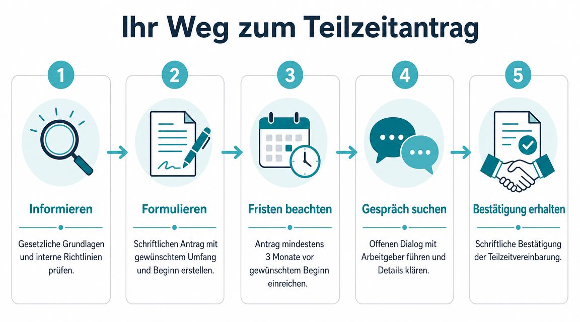Eine fünfstufige Infografik, die den Prozess zur Beantragung von Teilzeitarbeit in einem Unternehmen veranschaulicht.