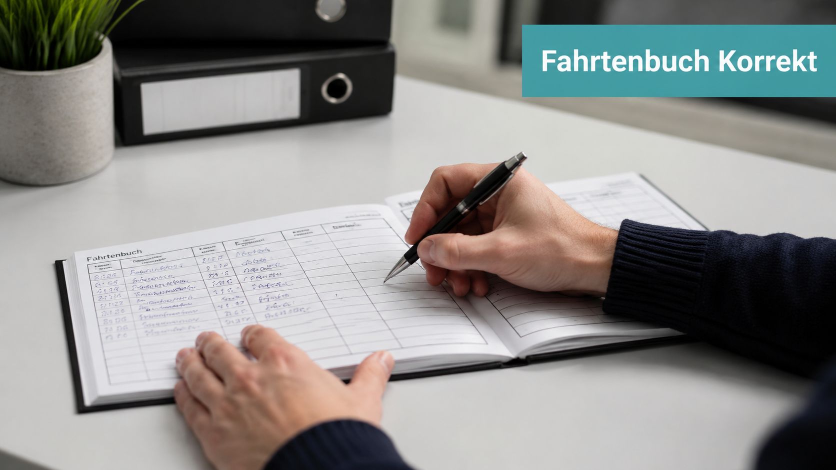 Eine Person schreibt mit einem Stift in ein handschriftliches Fahrtenbuch für ihren Dienstwagen auf einem Schreibtisch.