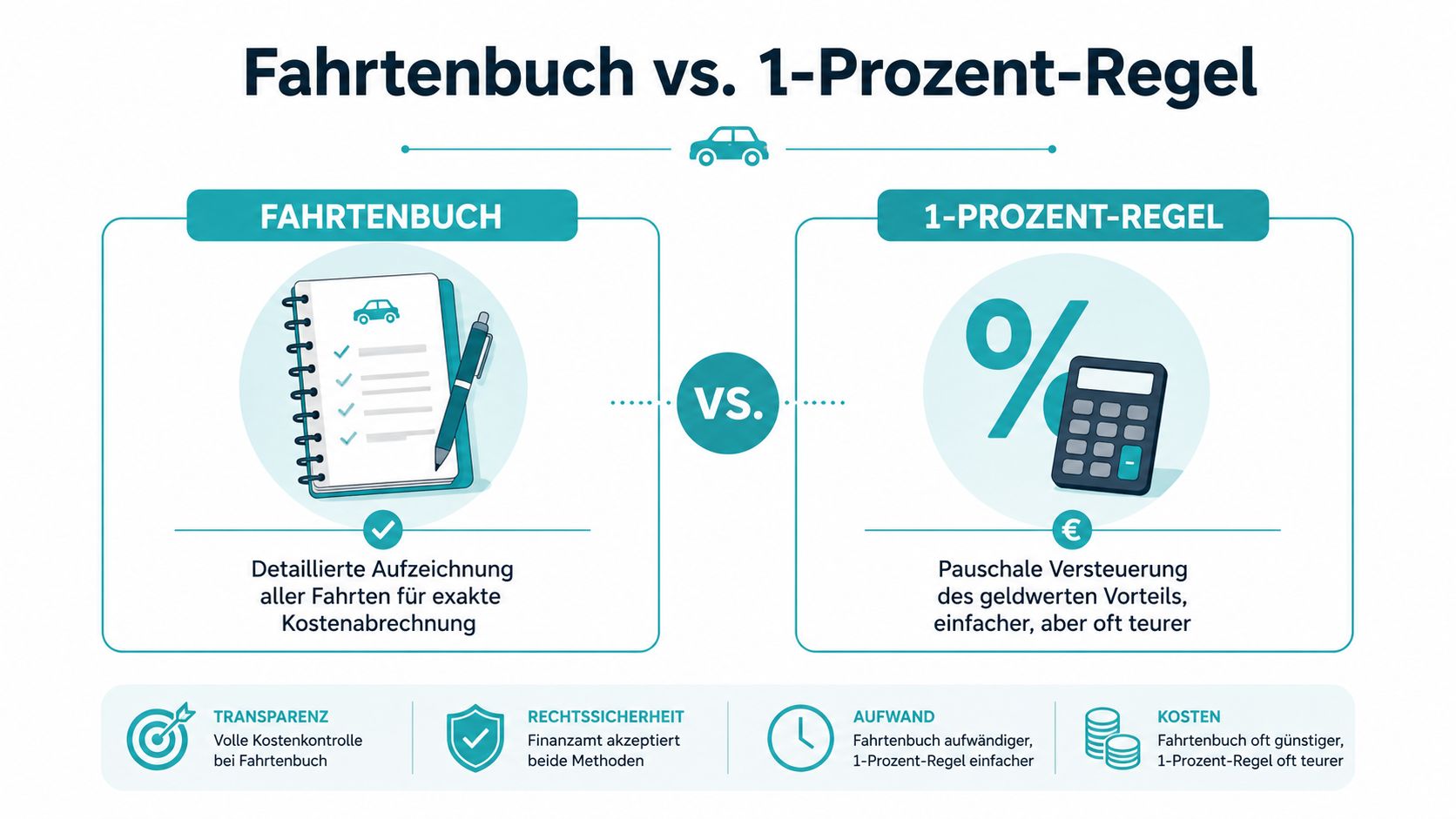 Vergleichsgrafik zwischen Fahrtenbuch und 1-Prozent-Regel zur Besteuerung von Dienstwagen für eine korrekte und einfache Kostenabrechnung.