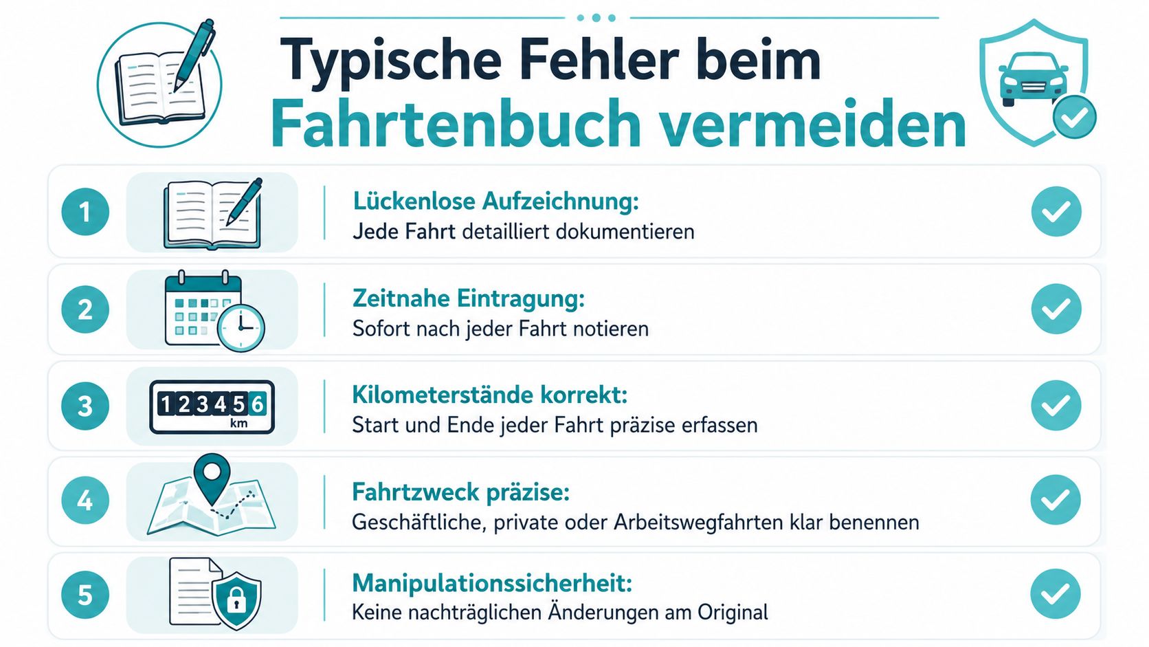 Eine Infografik mit fünf Tipps zur Vermeidung typischer Fehler bei der Führung eines korrekten Fahrtenbuchs.