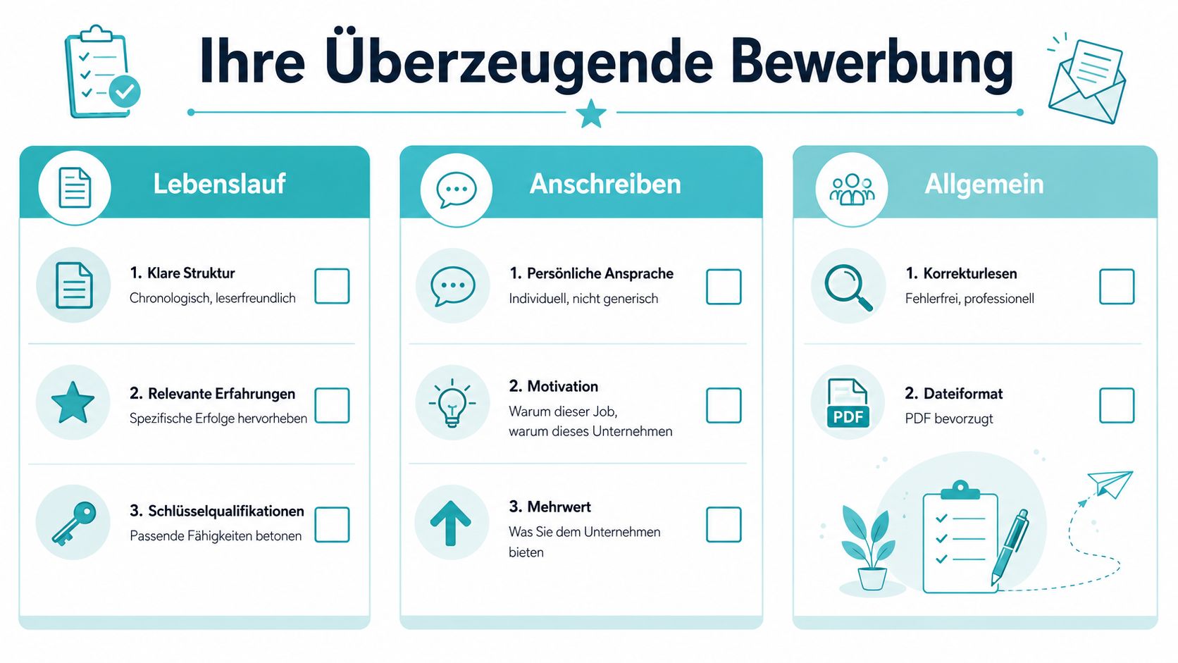 Eine Infografik mit Tipps für eine überzeugende Bewerbung, unterteilt in Lebenslauf, Anschreiben und allgemeine formale Hinweise.