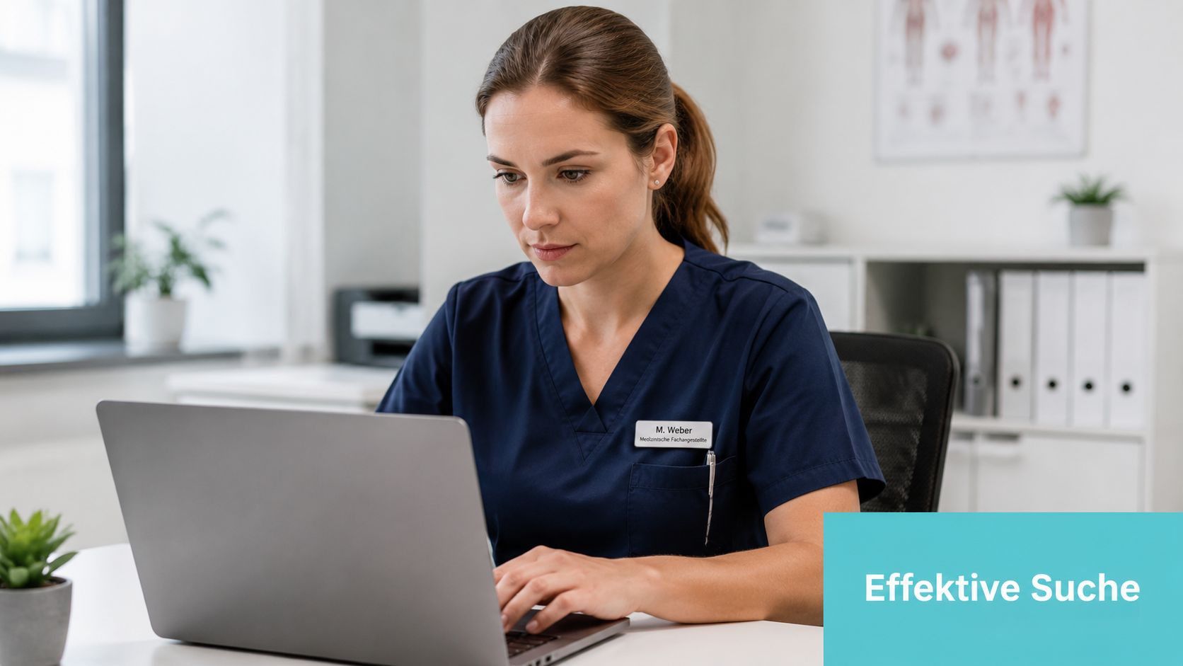 Eine medizinische Fachangestellte arbeitet konzentriert an ihrem Laptop in einer modernen Praxisumgebung für die effektive Suche.