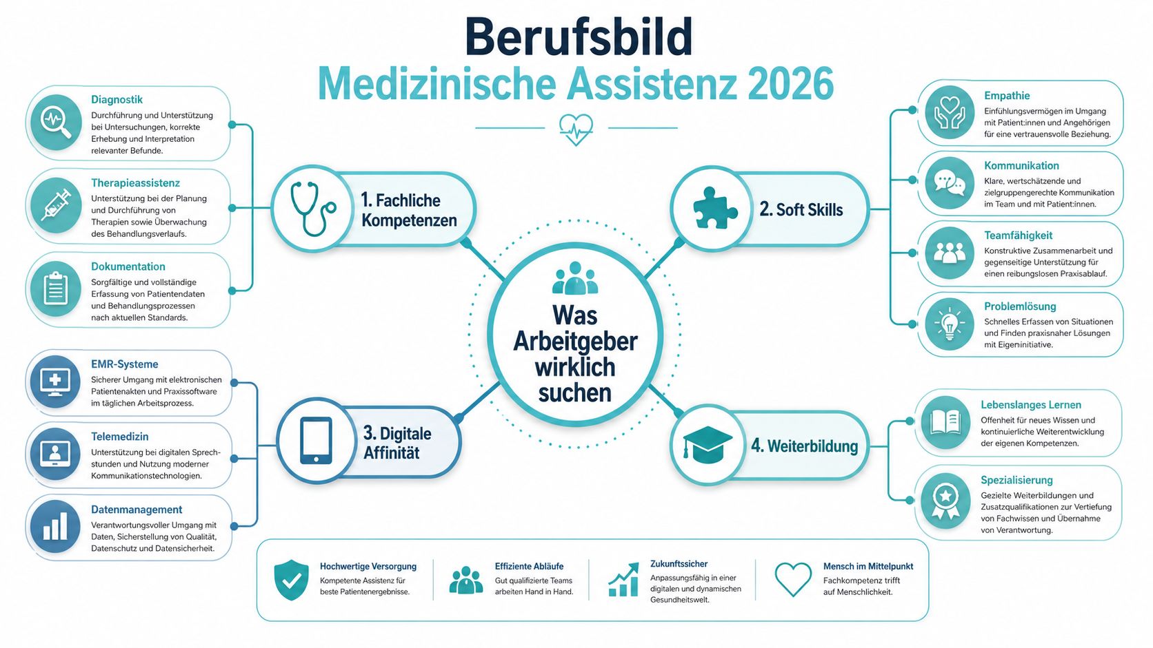 Infografik zum Berufsbild der medizinischen Assistenz 2026 mit Kompetenzbereichen, Soft Skills, digitaler Affinität und Fortbildungsmöglichkeiten.