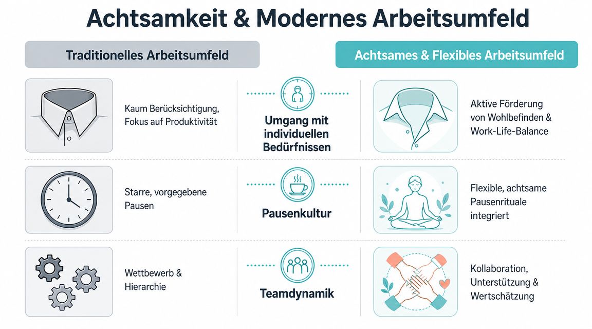 Vergleichsgrafik zwischen traditionellem und achtsamem Arbeitsumfeld mit Fokus auf Bedürfnisse, Pausenkultur und Teamdynamik.