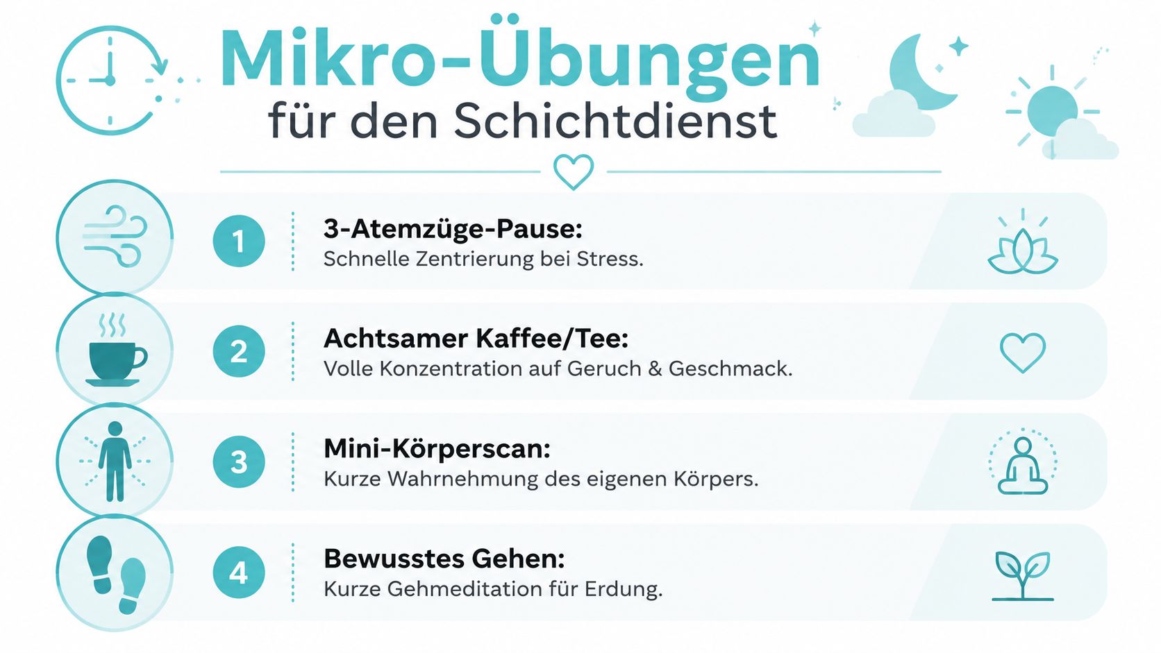 Eine Infografik mit vier einfachen Mikro-Übungen zur Achtsamkeit für Beschäftigte im Schichtdienst zur Stressbewältigung.