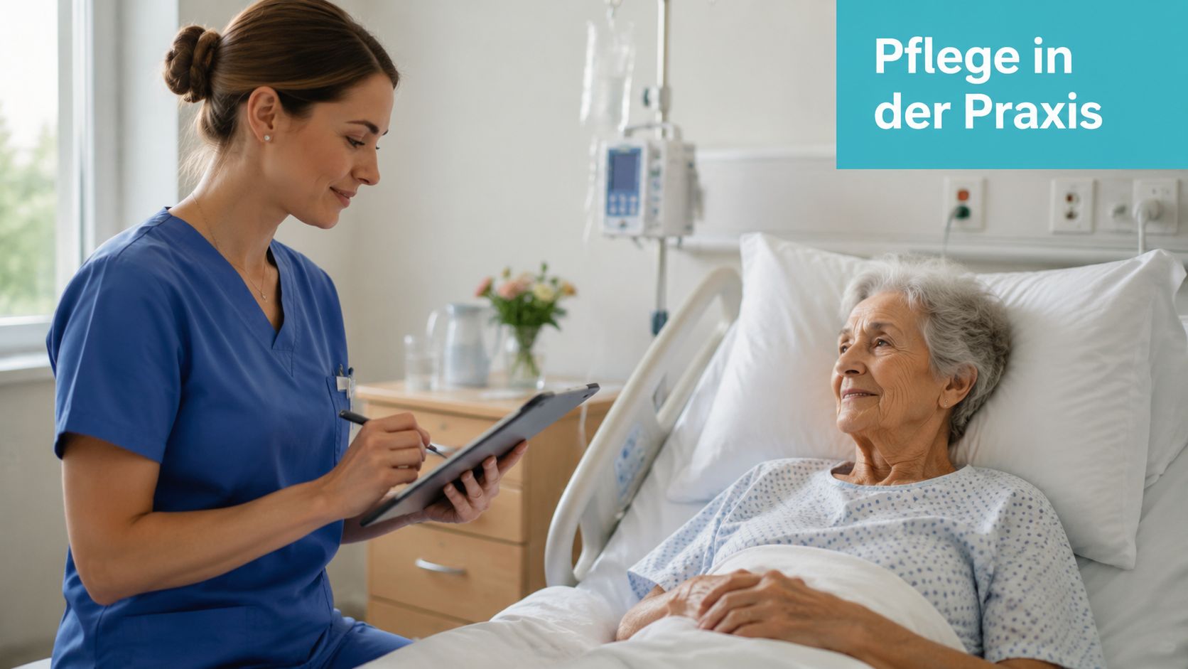 Eine Krankenschwester bespricht die Behandlung mit einer älteren Patientin in einem Krankenhausbett und macht sich Notizen.