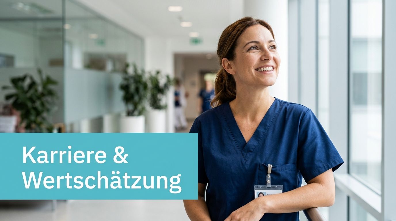 Eine lächelnde Pflegekraft in blauer Arbeitskleidung steht in einem modernen Krankenhausflur und schaut hoffnungsvoll zur Seite.