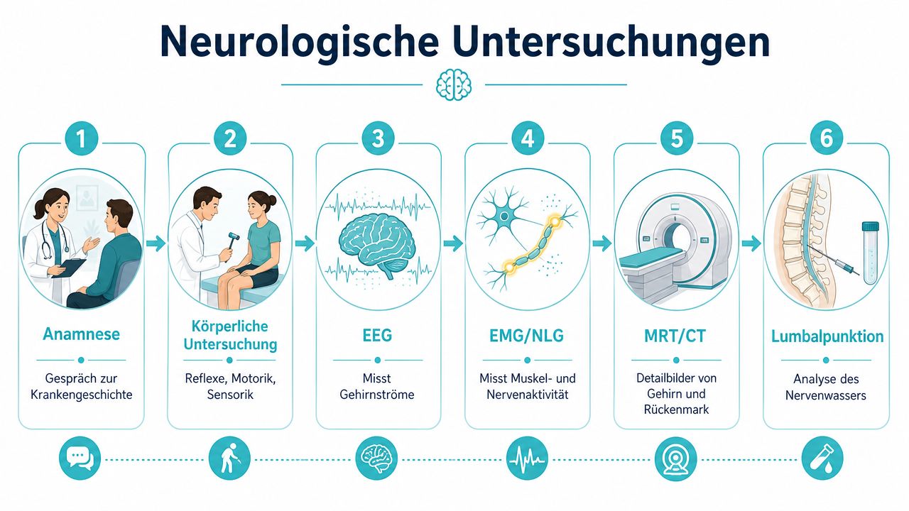 Eine Infografik zeigt die sechs Schritte neurologischer Untersuchungen, von der Anamnese bis zur Lumbalpunktion beim Neurologen.