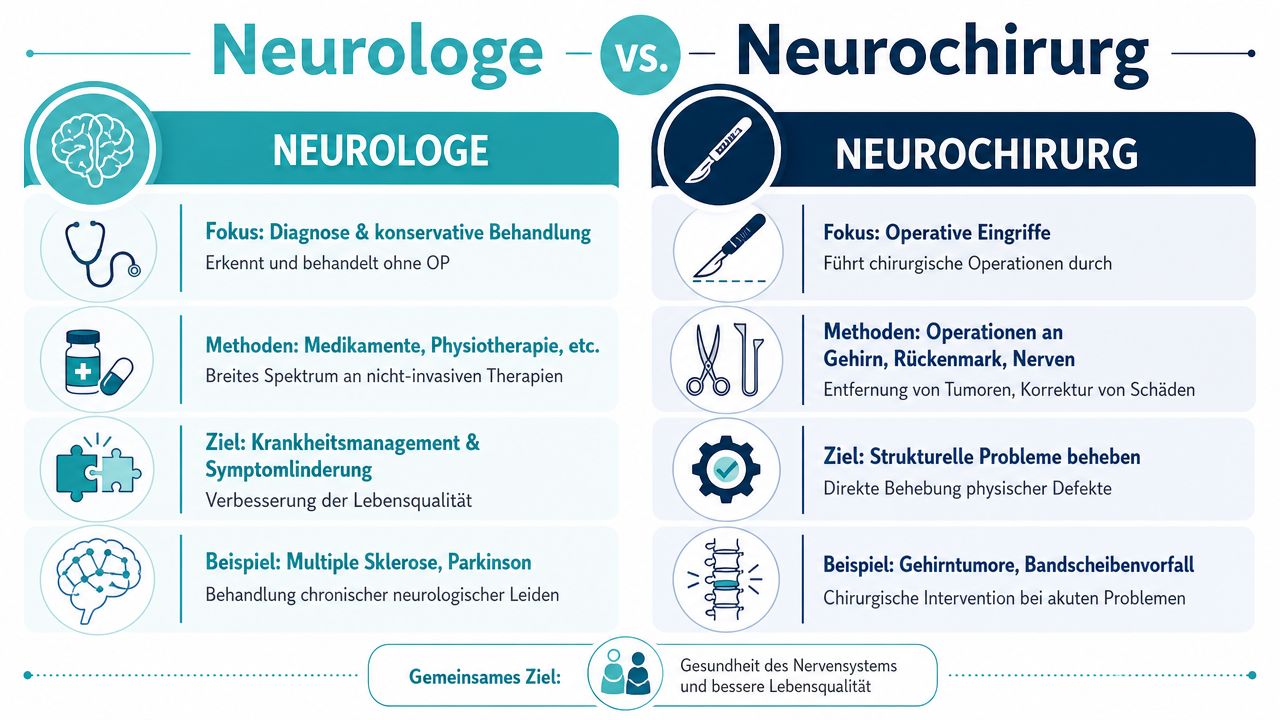 Vergleichsgrafik zwischen den Berufen Neurologe und Neurochirurg mit Fokus auf deren unterschiedliche Aufgaben und Behandlungsansätze.