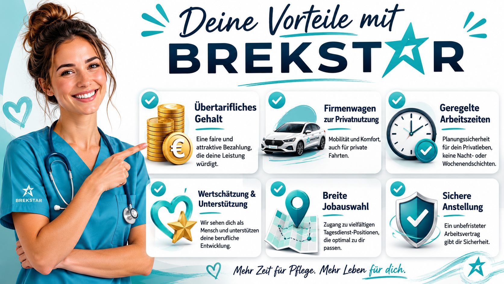 Eine lächelnde Krankenschwester präsentiert die Vorteile einer Anstellung bei Brekstar wie Firmenwagen und geregelte Arbeitszeiten.