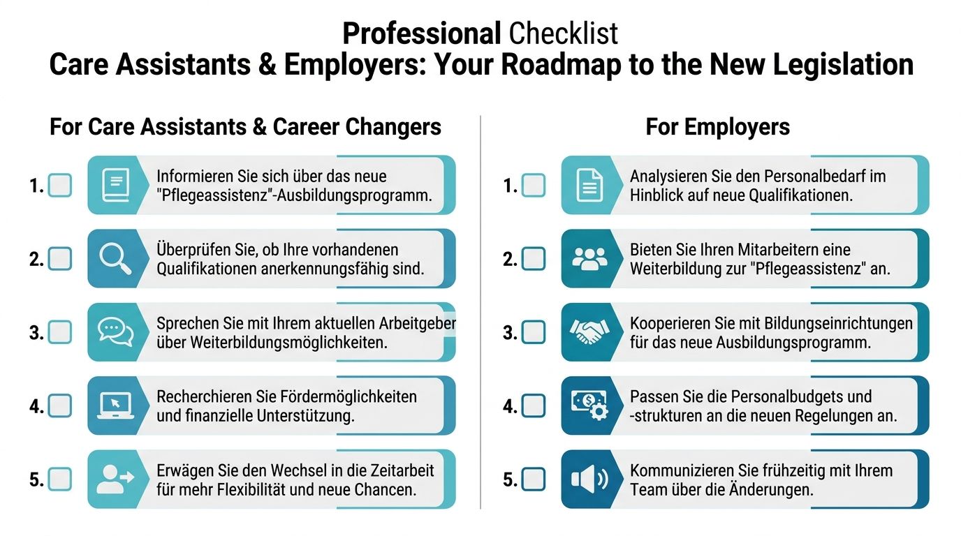 Eine Checkliste für Pflegeassistenten und Arbeitgeber zur Umsetzung der neuen Pflegegesetzgebung mit fünf praktischen Schritten.