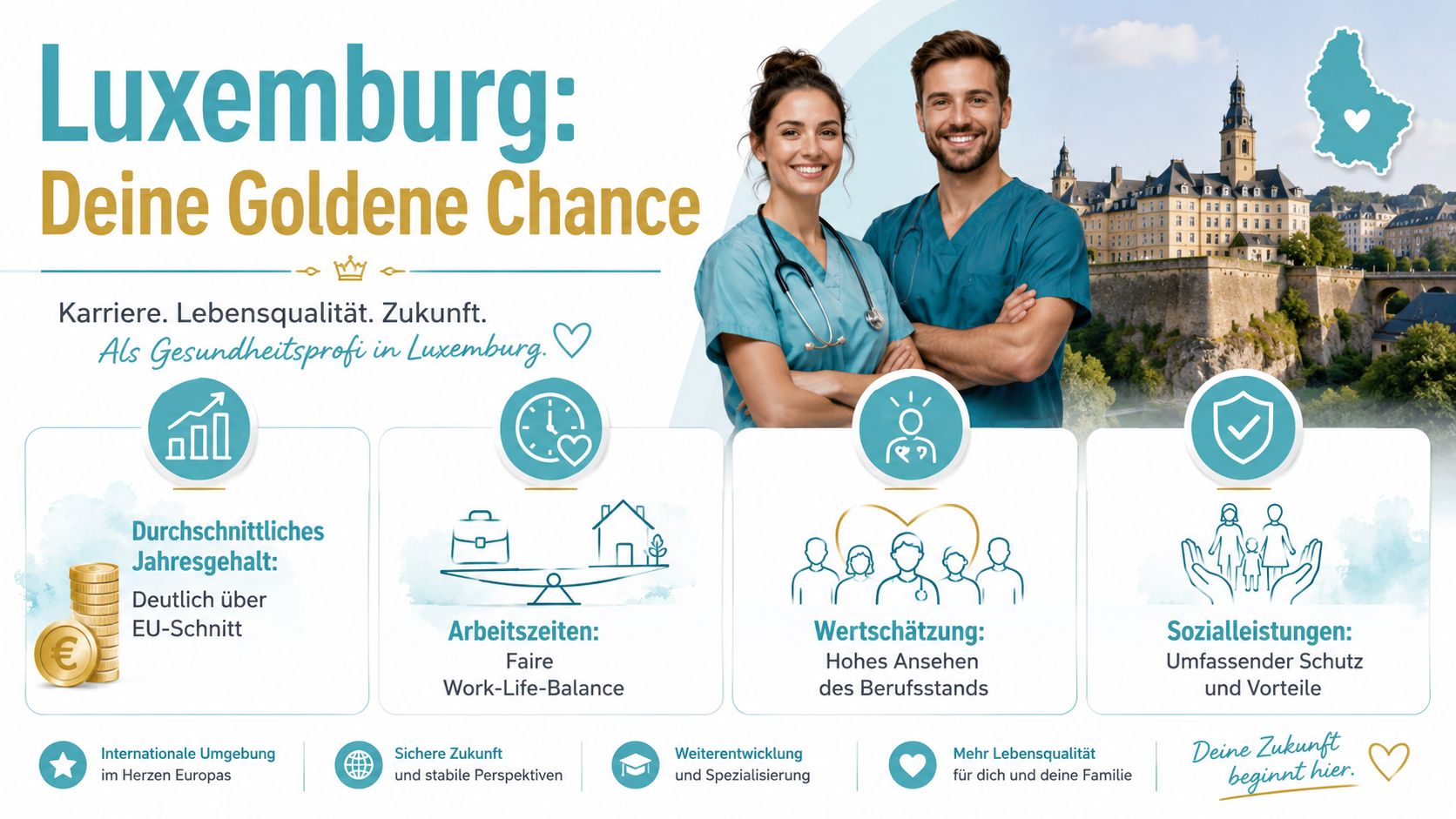 Ein Plakat wirbt mit attraktiven Arbeitsbedingungen, Gehalt und Lebensqualität für Pflegefachkräfte in Luxemburg.