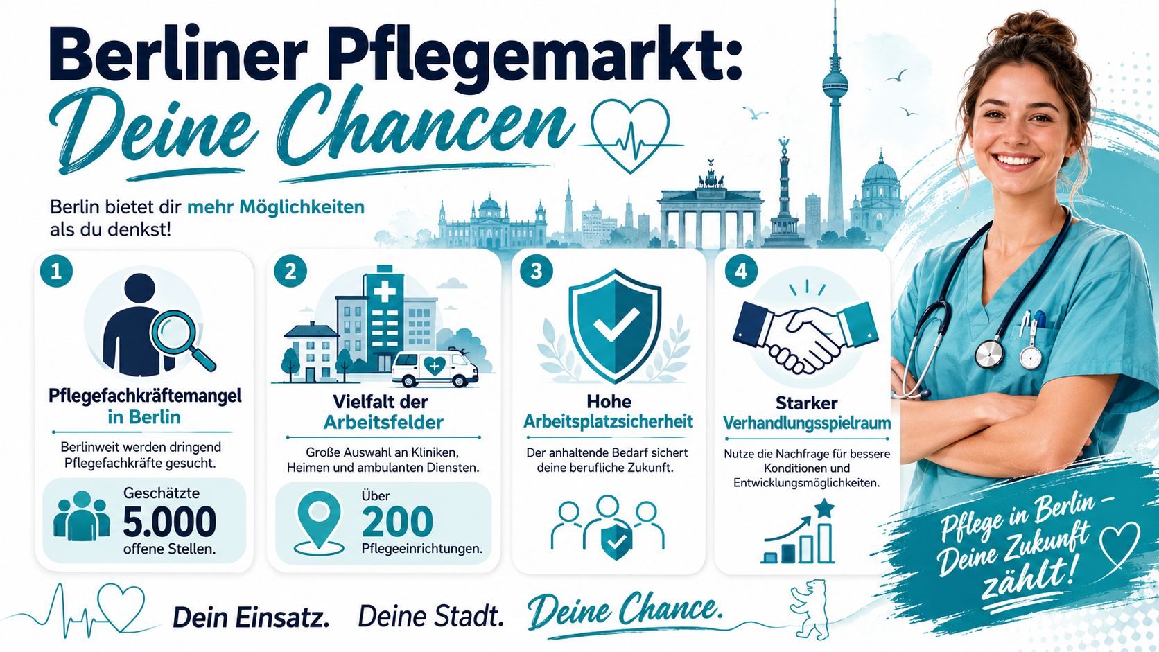 Eine lächelnde Pflegekraft mit Stethoskop vor der Berliner Skyline, die Karrieremöglichkeiten im Berliner Pflegemarkt bewirbt.