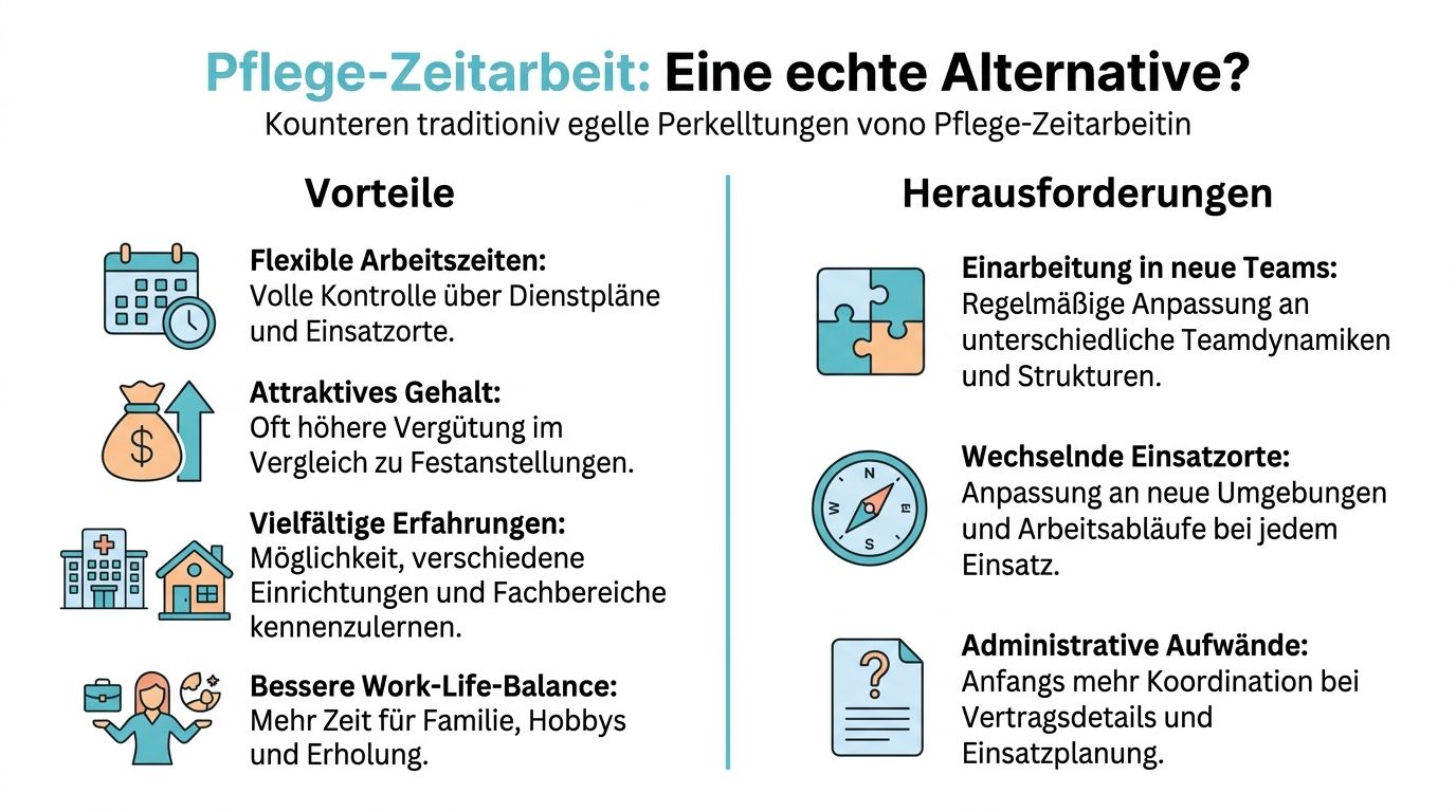 Infografik zeigt die Vorteile und Herausforderungen von Pflege-Zeitarbeit im Vergleich zur traditionellen Festanstellung in der Pflege.