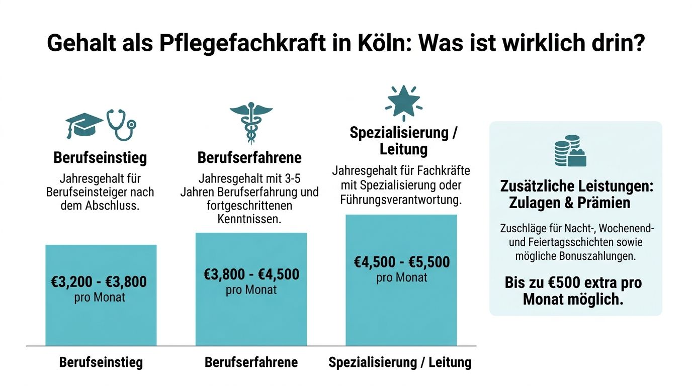 Übersicht zu monatlichen Gehaltsspannen für Pflegefachkräfte in Köln, unterteilt nach Berufserfahrung, Spezialisierung und zusätzlichen Leistungen.