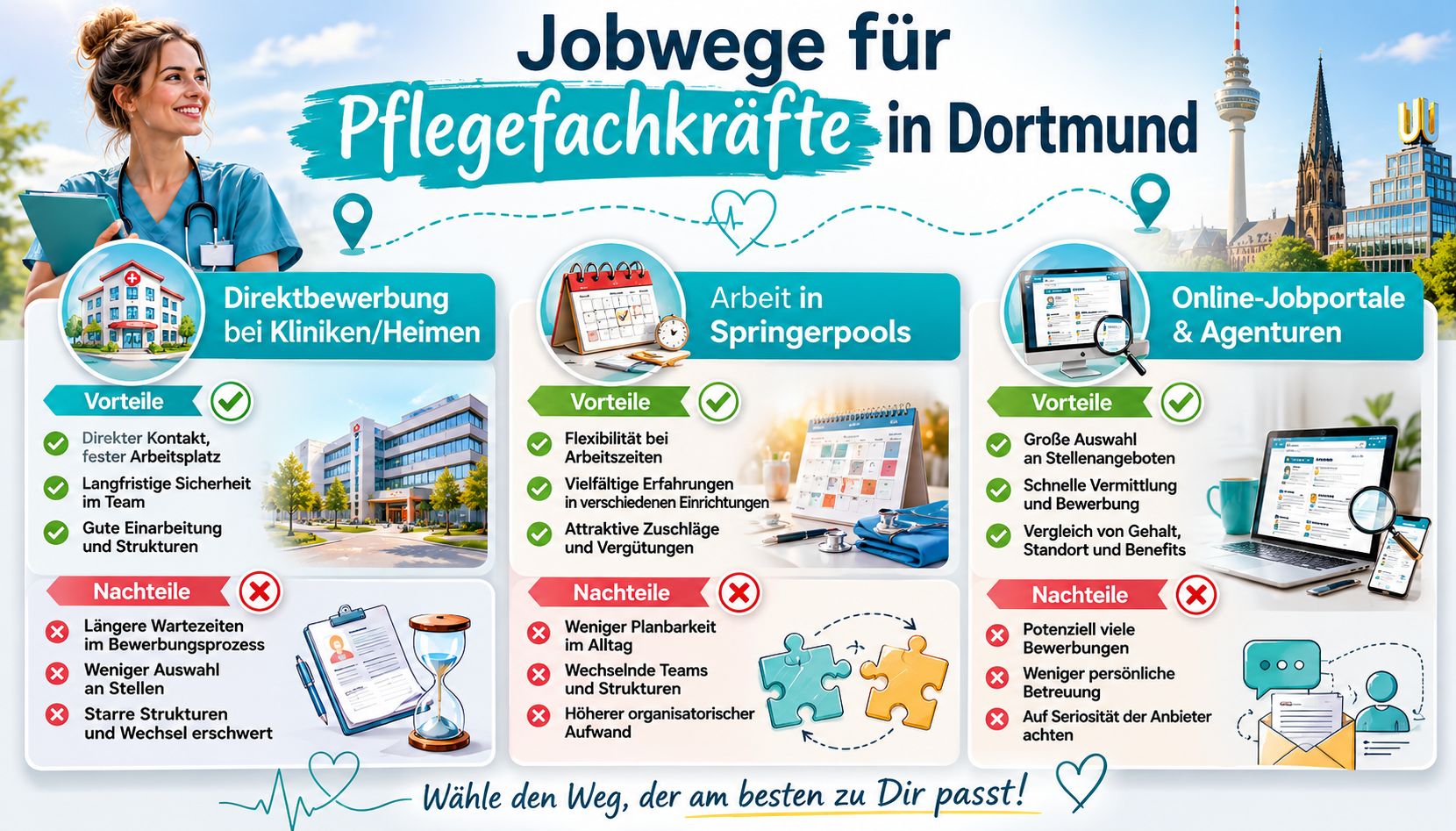 Infografik über verschiedene Jobwege für Pflegefachkräfte in Dortmund mit Vor- und Nachteilen für die Karriereplanung.