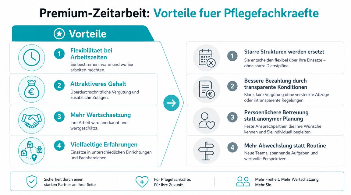 Eine Infografik mit den Vorteilen der Premium-Zeitarbeit für Pflegefachkräfte, unterteilt in Flexibilität, Gehalt, Wertschätzung und Abwechslung.