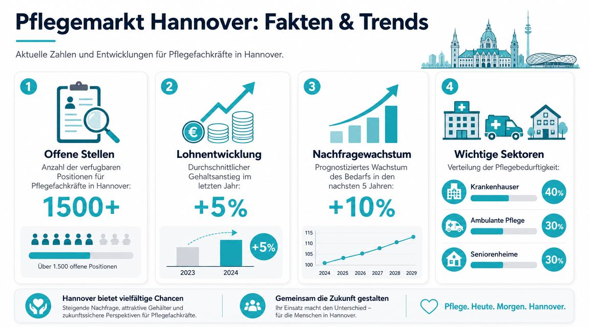 Eine Infografik über den Pflegemarkt in Hannover, die aktuelle Statistiken zu offenen Stellen, Gehältern und Bedarfen zeigt.