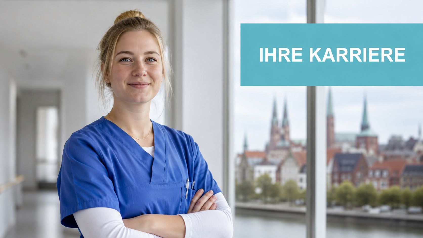 Eine lächelnde junge Pflegefachkraft im blauen Kittel vor einem Fenster mit Blick auf die Stadt Lübeck.