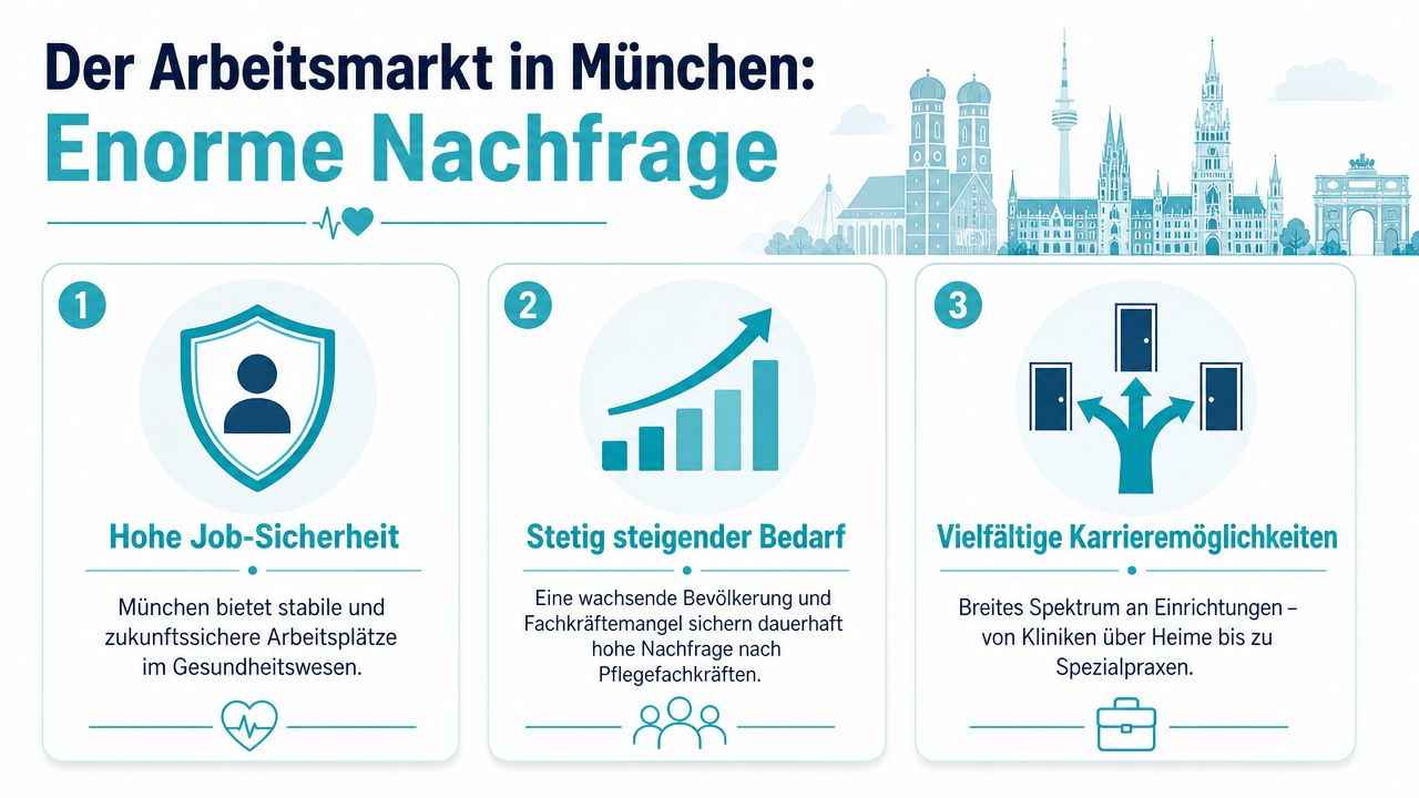 Infografik zum Arbeitsmarkt für Pflegefachkräfte in München mit drei zentralen Vorteilen für Arbeitnehmer.