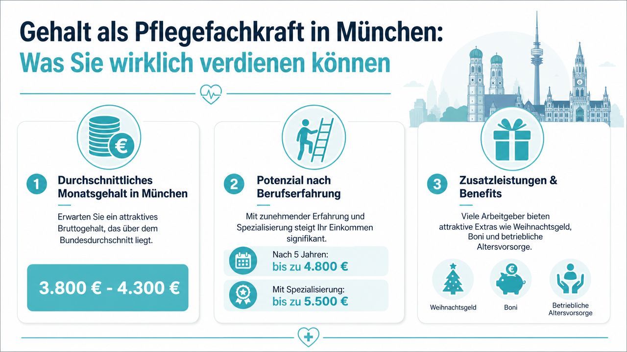 Eine Infografik über Gehaltsaussichten und Zusatzleistungen für Pflegefachkräfte in der Stadt München.
