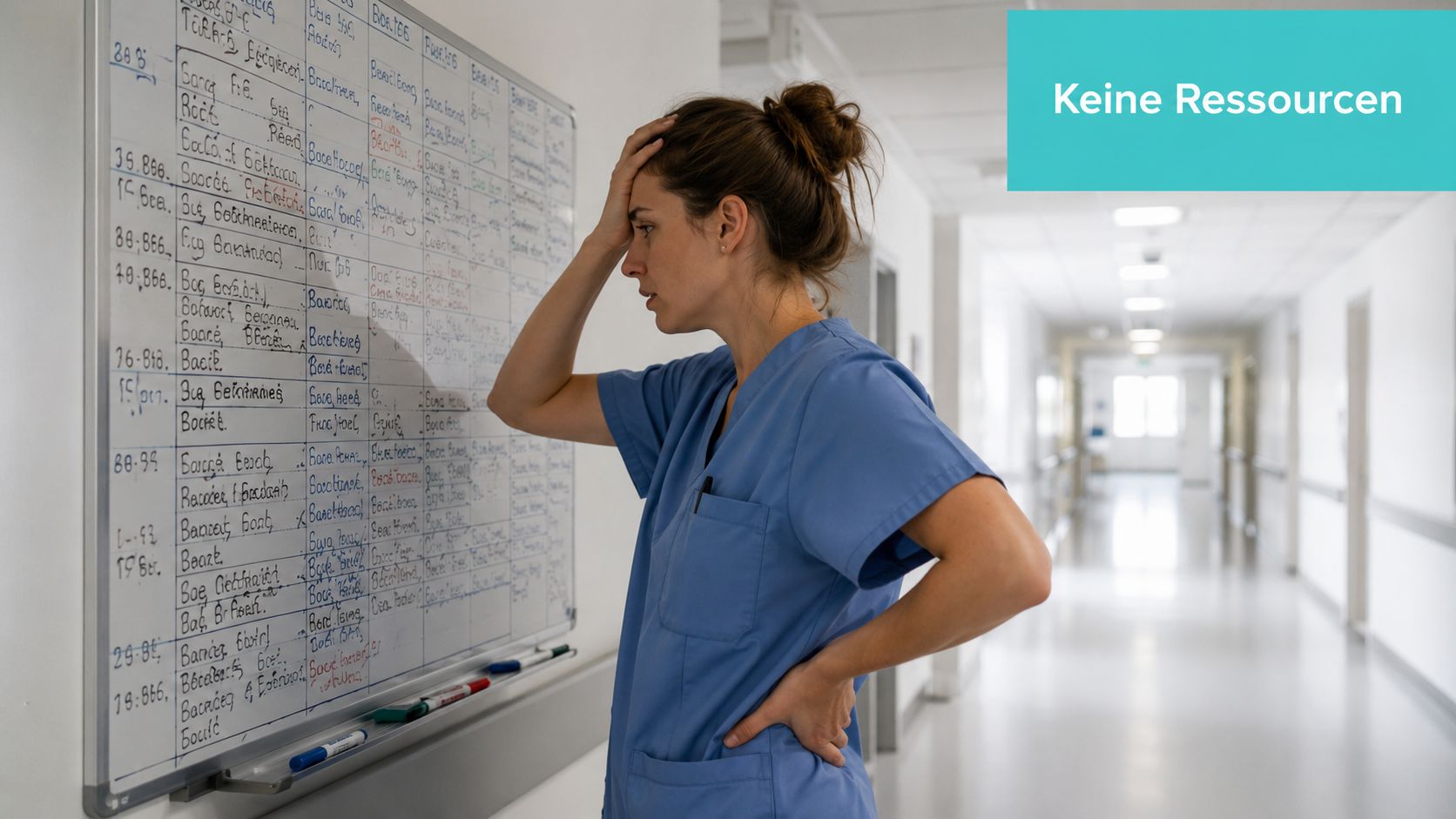 Eine überlastete Krankenschwester schaut gestresst auf eine vollgeschriebene Dienstplan-Tafel in einem Krankenhausflur.