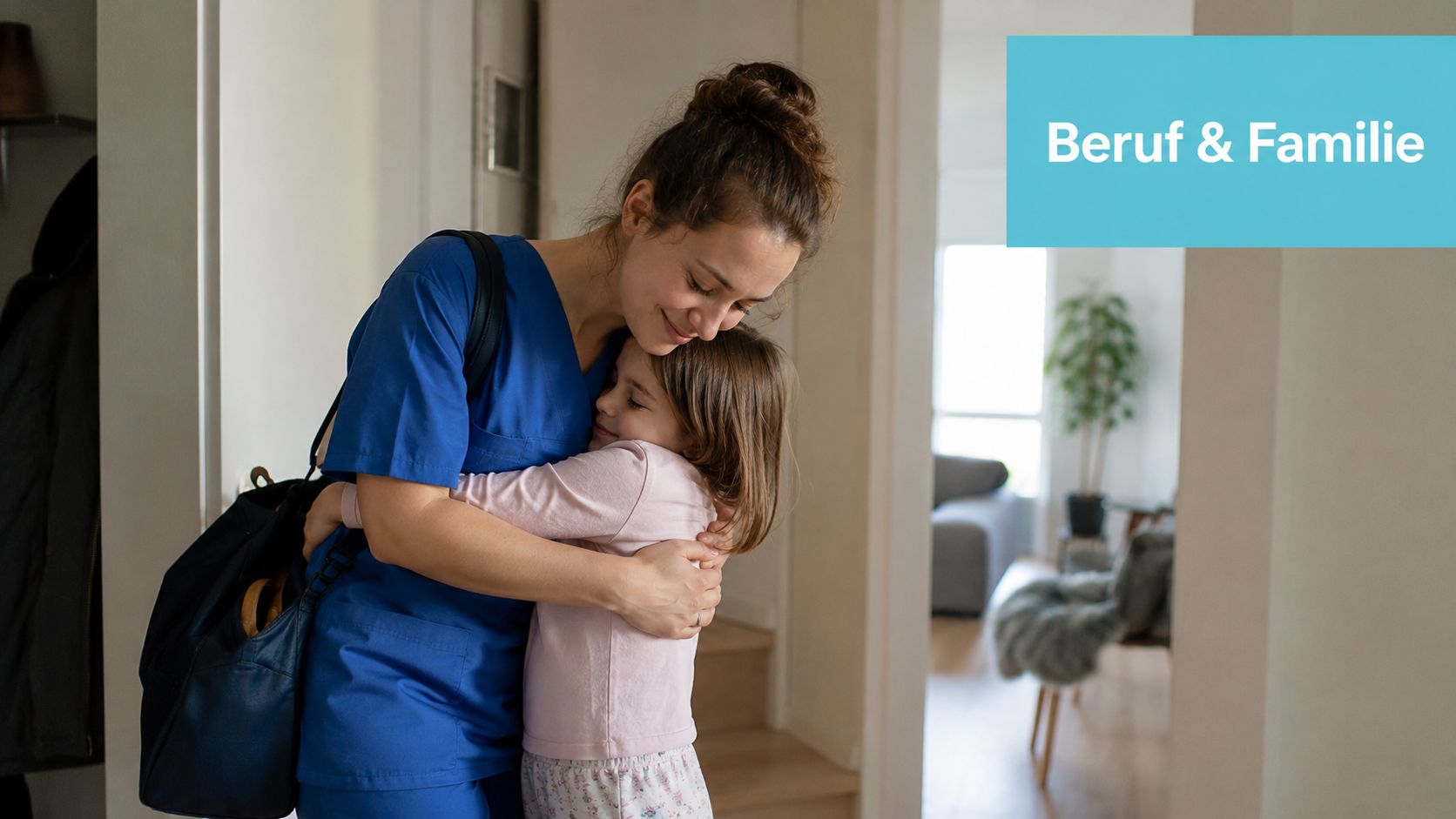 Eine Pflegefachkraft verabschiedet sich herzlich von ihrer Tochter, bevor sie zur Arbeit in Berlin aufbricht.